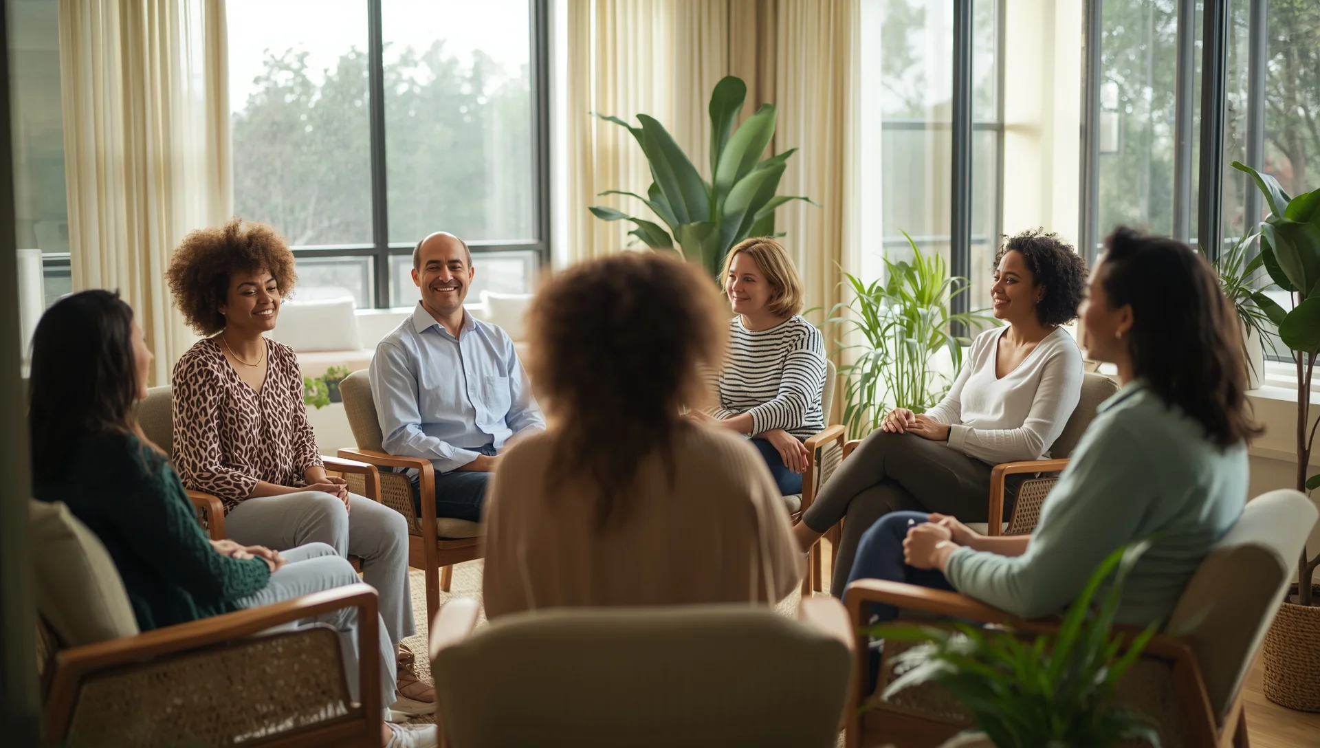 Warm supportive group therapy session in California wellness center - community recovery and healing together